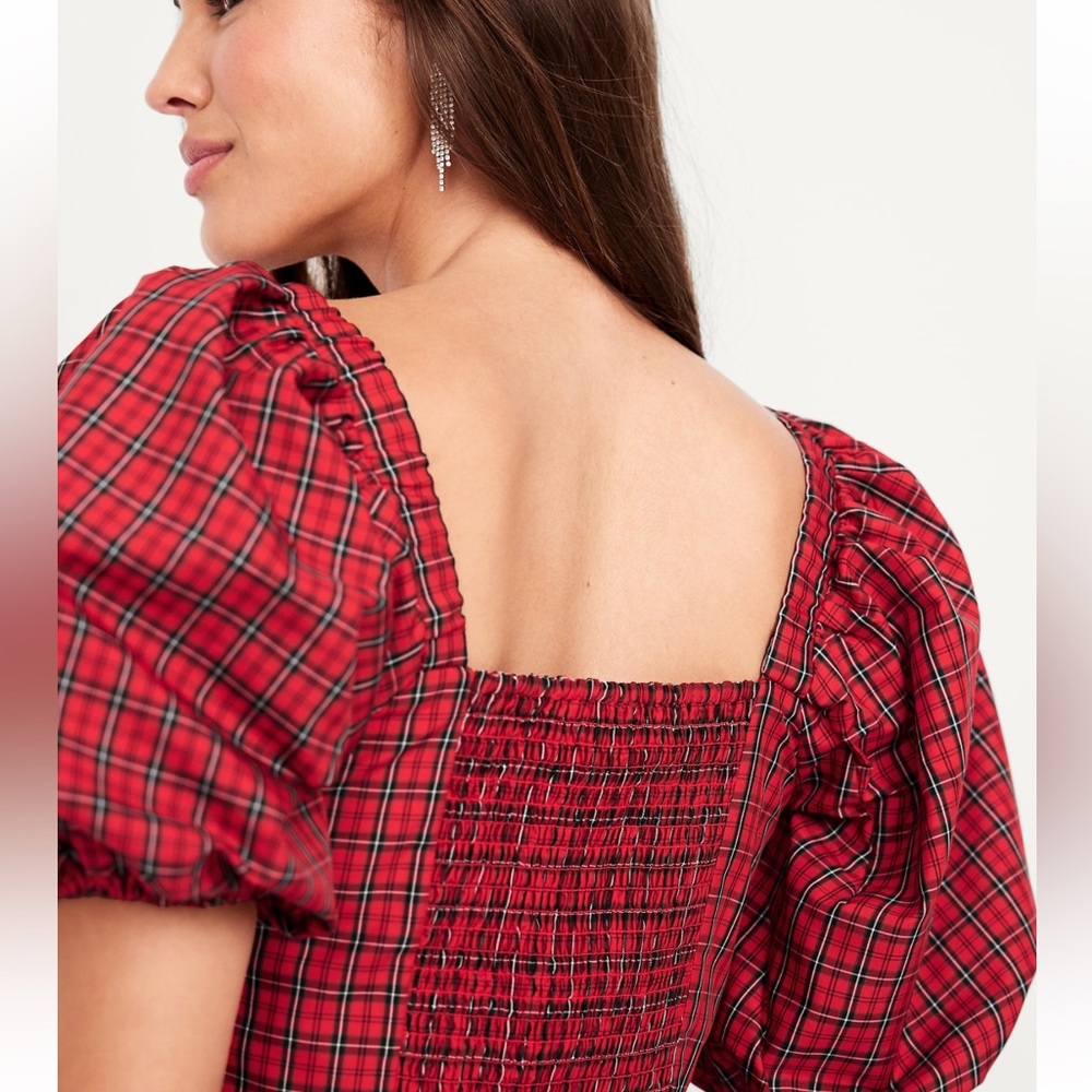 Old Navy Red Plaid Fit Flair Puff Sleeve Dress - Picture 4 of 6